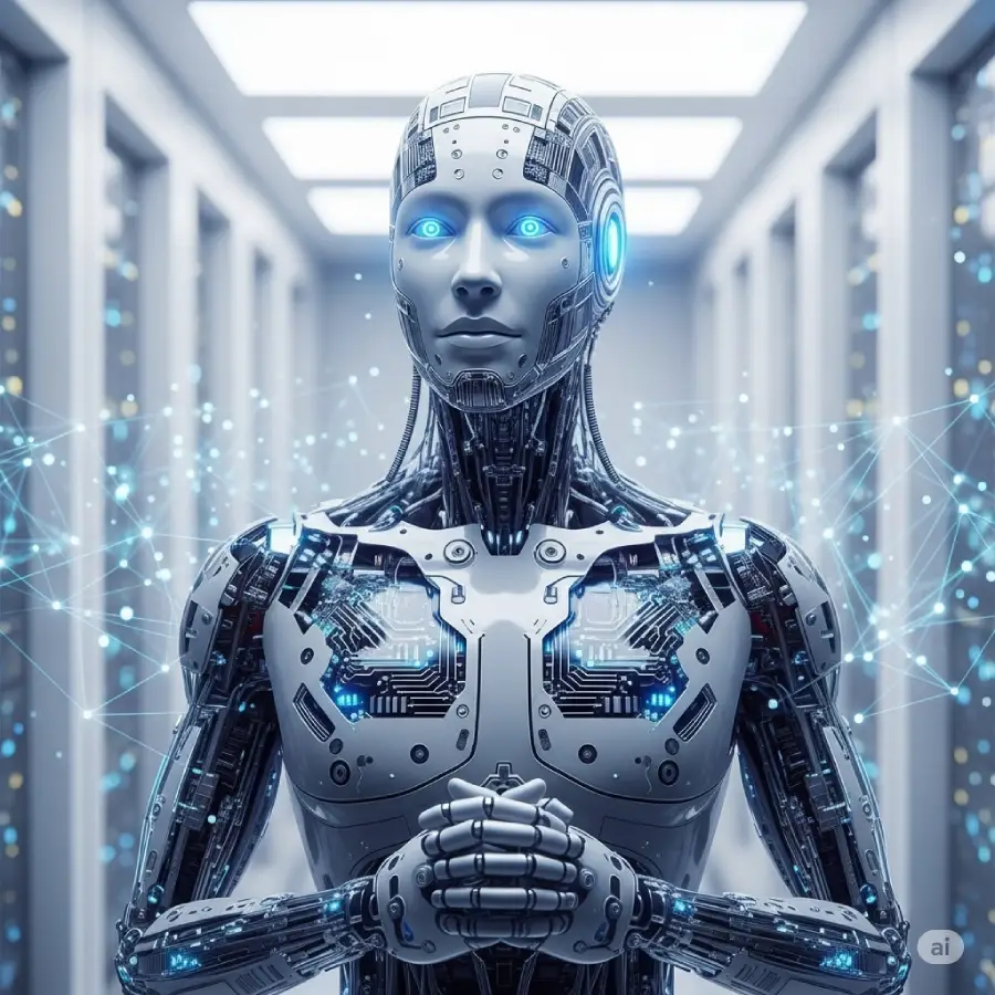Un robot humanoïde détaillé avec des yeux bleus lumineux et des circuits complexes visibles sous une peau métallique lisse, se tenant dans un environnement de laboratoire ou de salle de serveurs.