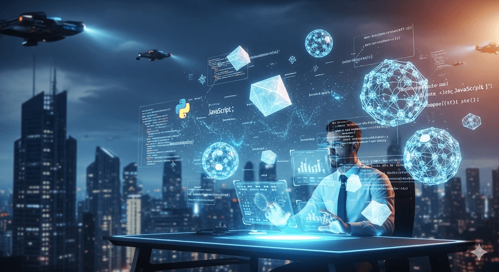 Développeur futuriste gérant des agents IA autonomes (formes géométriques) sur un bureau holographique, illustrant la transformation du rôle de l'ingénieur.