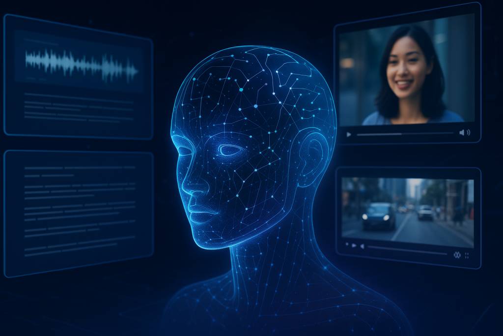 Illustration futuriste d’une intelligence artificielle multimodale analysant simultanément du texte, des images, de l’audio et de la vidéo sur des écrans flottants