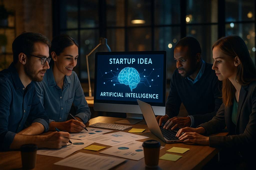Photo réaliste d’une équipe de professionnels collaborant dans un bureau moderne pour créer une startup d’intelligence artificielle, avec écrans et graphiques visibles sur la table