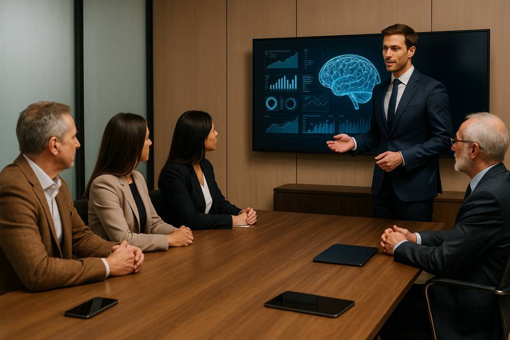 Photo professionnelle montrant un fondateur de startup IA présentant son projet sur un écran à un groupe d’investisseurs dans une salle de réunion moderne